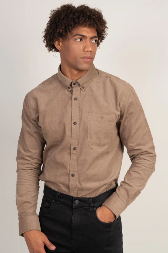 Rebase Shirts Corduroy Ανδρικο Πουκαμισο Κοτλε Μπεζ