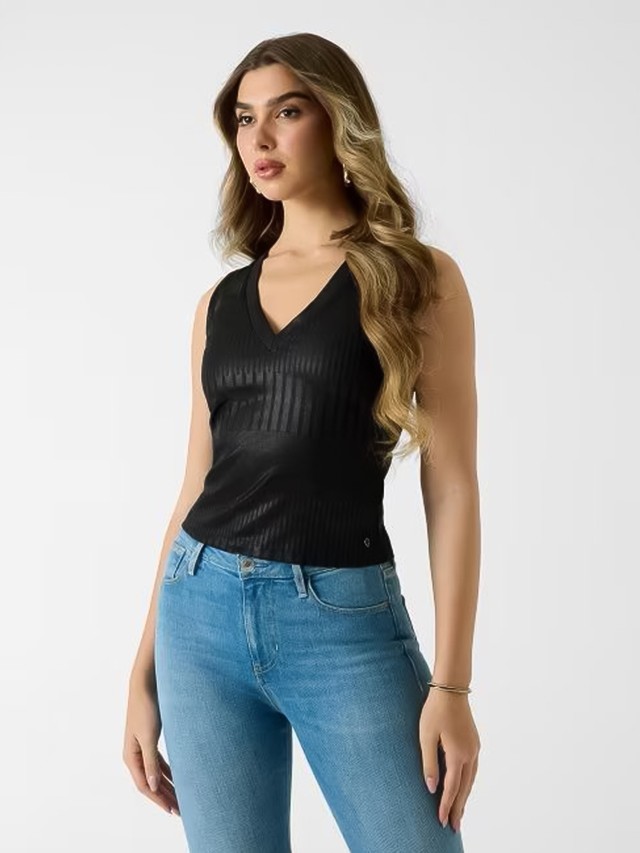 Guess Ls Marilena Henley Top Γυναικείο Top Μαυρο
