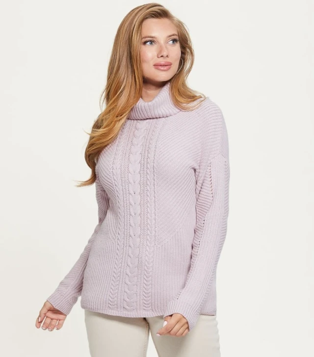 Guess Ls Dawna Cable Turtleneck Swtr Γυναικειο Πλεκτο Λιλα