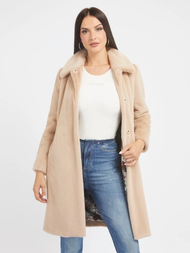 Guess Simonne Coat Γυναικείο Παλτο Γουνα Μπεζ