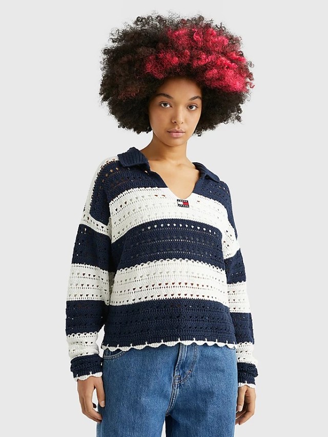 Tommy Hilfiger Tjw Summer Crochet Sweater Γυναικεία Πλεκτό Μπλε Λευκό