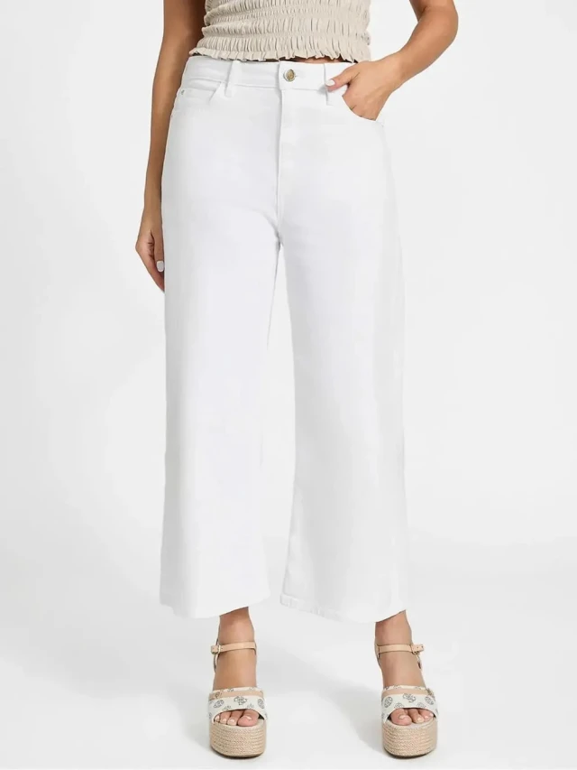 Guess Bellflower Crop Wide Leg Γυναικείο Παντελόνι Λευκό