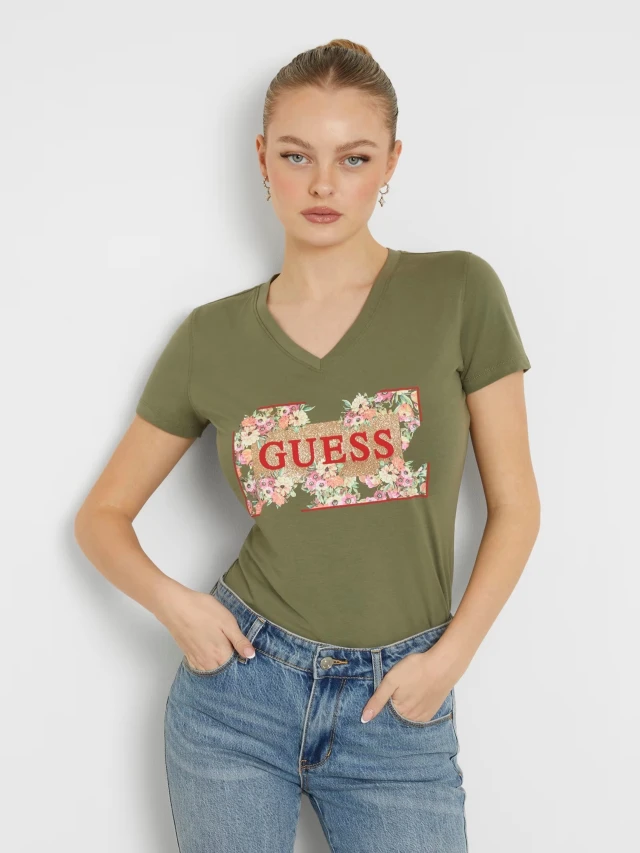 Guess Ss Vn Logo Flowers Tee Γυναικεία Μπλούζα Πράσινη