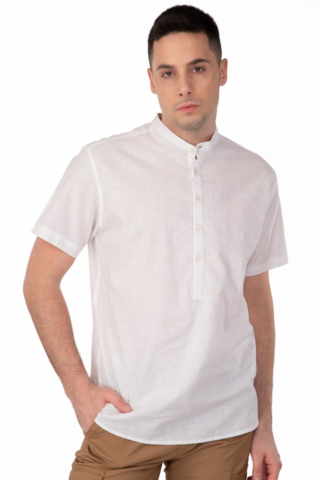 Rebase Shirt Half Button Placket Linen Mao Collar Short  Sleeve Ανδρικη Πουκαμισα Λινο Μαο Κοντομανικο Λευκο