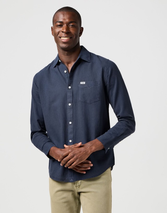 Wrangler 1 Pkt Shirt Dark Navy Ανδρικό Λινό Πουκάμισο Λινο Μπλε