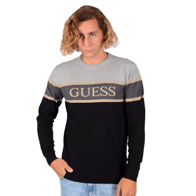 Guess Kenneth Ls Cn Blocking Logo Ανδρικο Πλεκτο Μαυρο Γκρι