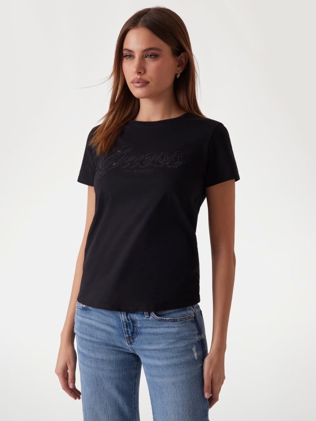 Guess Ss Script Lace Logo Easy Tee Γυναικεια Μπλούζα Μαύρη