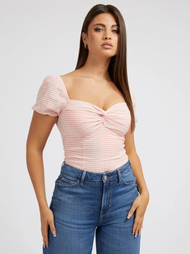 Guess Ss Lazize Knot Top Γυναικεία Μπλουζα Ροζ
