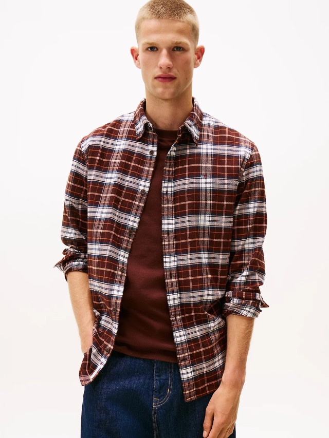Tommy Hilfiger Tjm Reg Flannel Check Shirt Ext Ανδρικό Πουκάμισο Καρο Καφέ