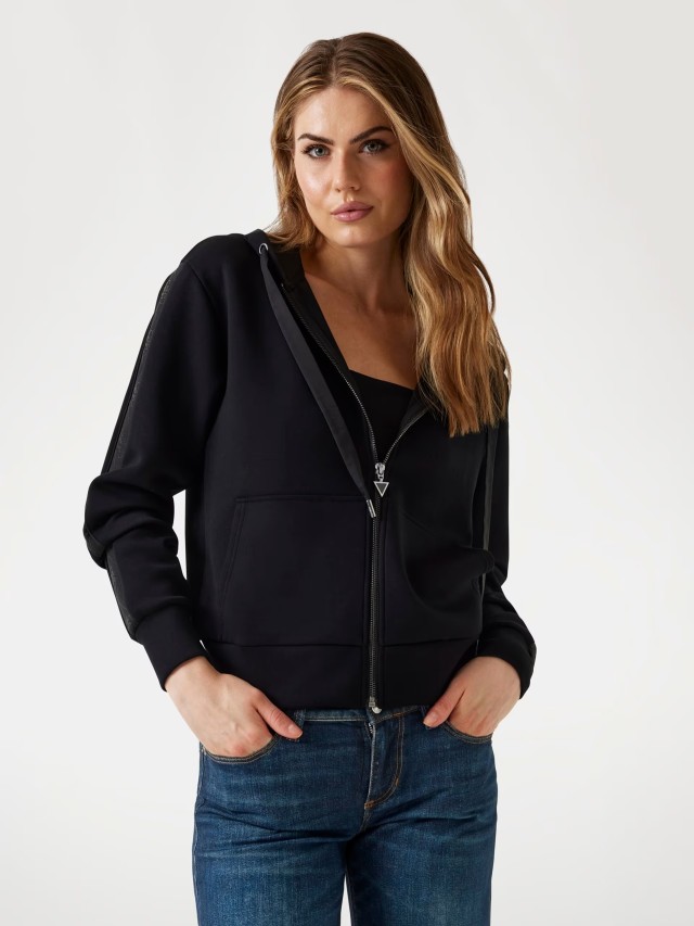Guess New Hooded Scuba Sweatshirt Γυναικεία Ζακέτα Φουτερ Μαύρη