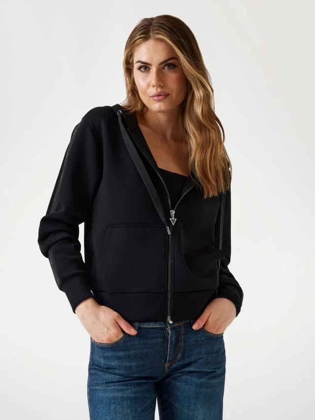 Guess New Hooded Scuba Sweatshirt Γυναικεία Ζακέτα Φουτερ Μαύρη