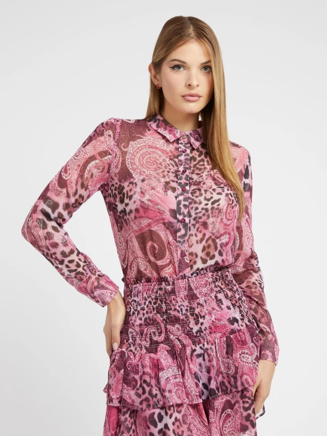 Guess Ls Clouis Shirt Γυναικείο Πουκάμισο Animal Print Μωβ