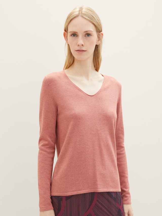 Tom Tailor Sweater Basic V-Neck Γυναικείο Πλεκτό Ροζ