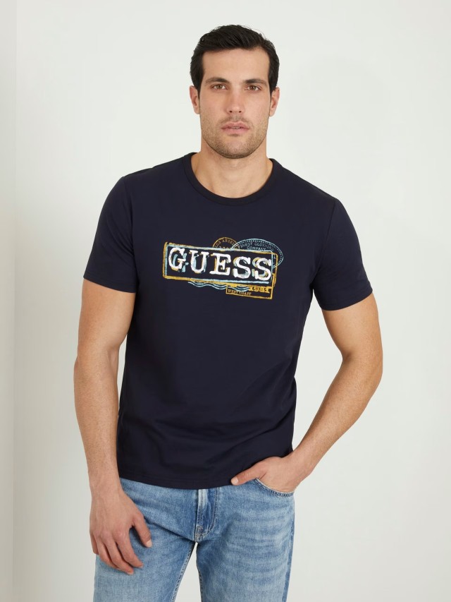 Guess Ss Cn Guess Box Logo Tee Ανδρική Μπλούζα Μπλε