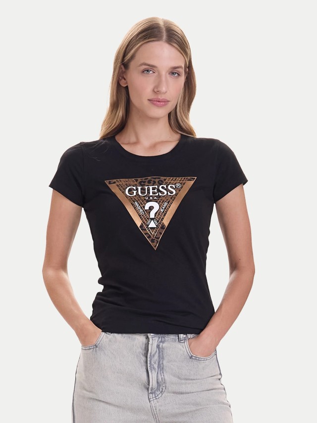 Guess Ss Cn Leo Triangle Tee Γυναικείο Μπλουζα Μαύρη