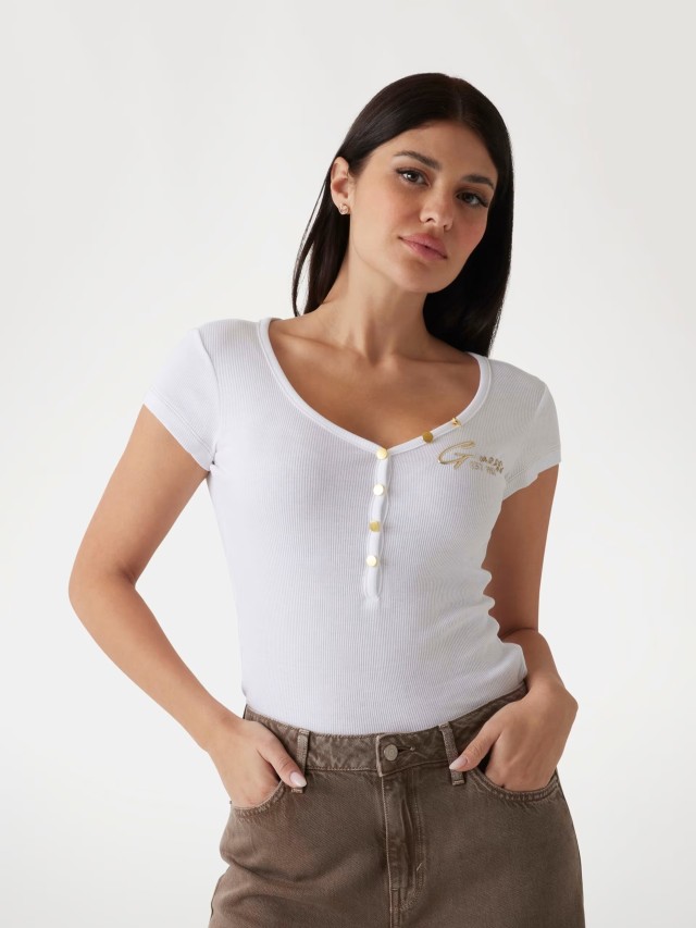 Guess Ss Henley Olympia Top Γυναικεία Μπλούζα Λευκή