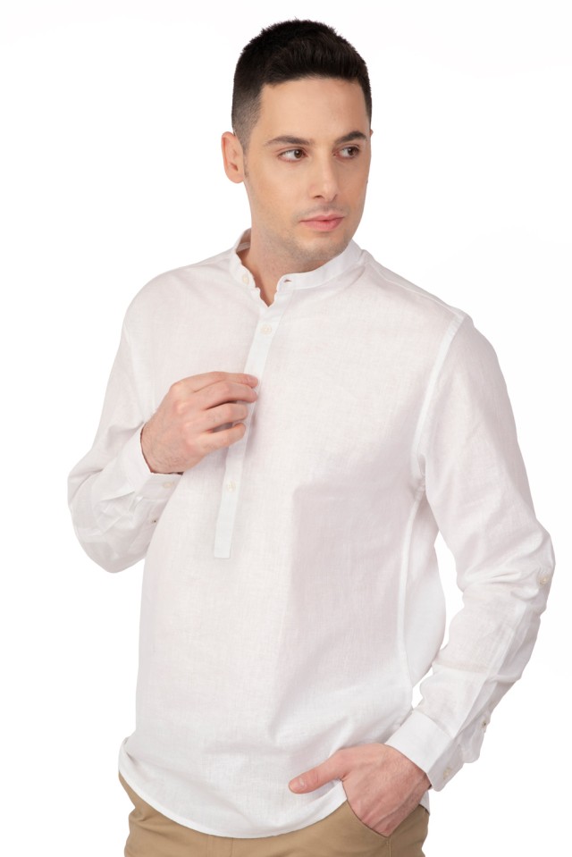 Rebase Shirt Half Button Placket Linen Mao Collar Long Sleeve Ανδρικη Πουκαμισα Λινο Μαο Λευκο