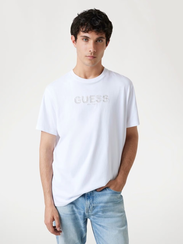 Guess Ss Cn Patch Tee Ανδρική Μπλούζα Λευκή