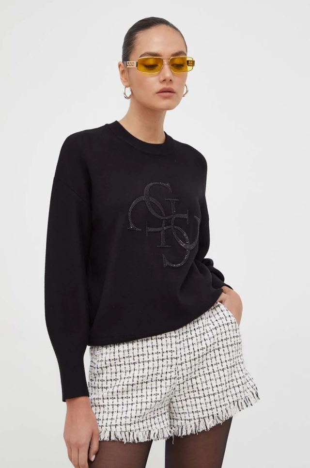 Guess Ls Rn Leonor Logo Swtr Γυναικείο Πλεκτό Μαύρο
