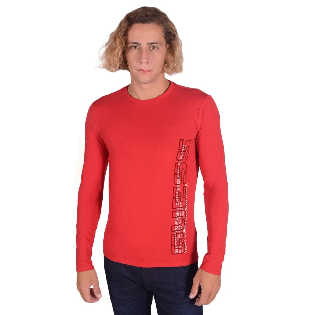Guess Overlay Cn Ls Tee Ανδρικh Μπλουζα Κοκκινη