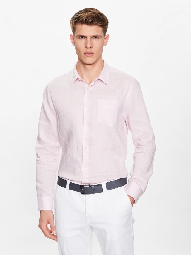 Guess Ls Island Linen Shirt Ανδρικό Πουκάμισο Λινό Ροζ