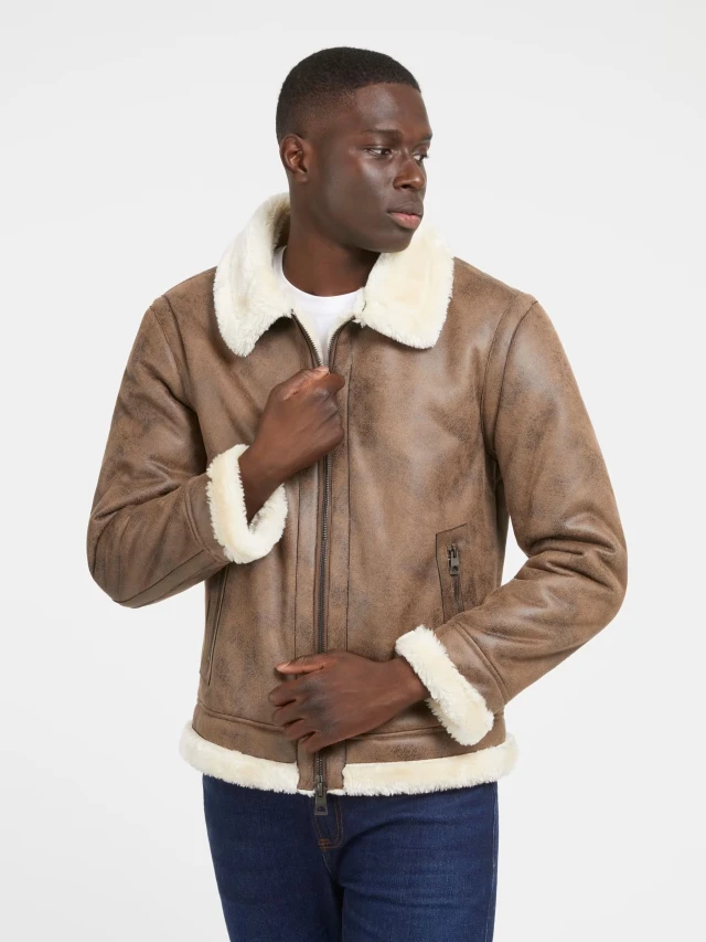 Guess Shearling Aviator Ανδρικό Μπουφάν Καφε