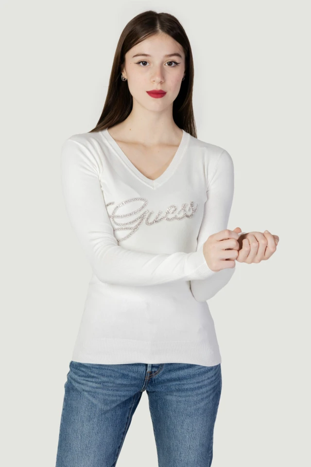 Guess Ls Laure Vn Logo Swtr Γυναικείο Πλεκτό Εκρού