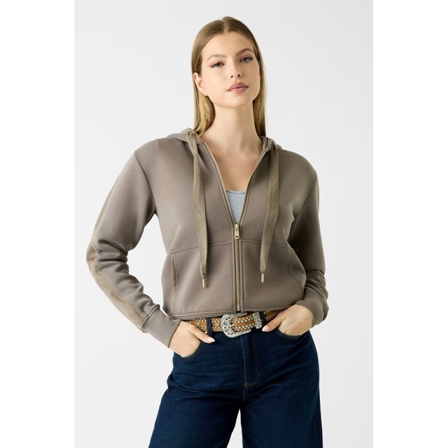 Guess New Hooded Scuba Sweatshirt Γυναικεία Ζακέτα Φούτερ με Strass Καφέ