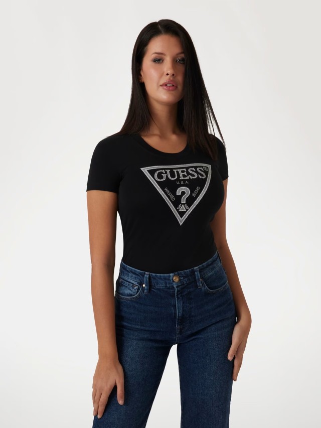 Guess Ss Cn Shiny Triangle Tee Γυναικεια Μπλούζα Μαύρη