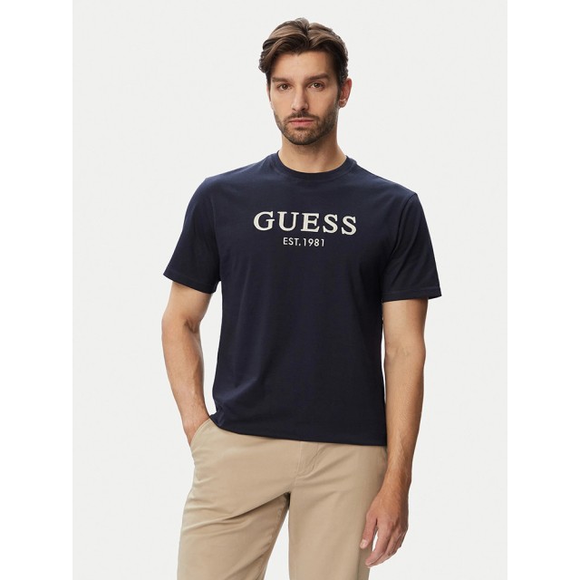 Guess Cn Ss Guess Logo Embroidery Te Ανδρική Μπλούζα Μπλε