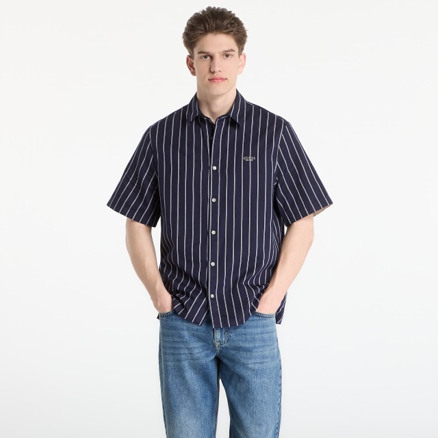 Guess Ss Yarn Dyed Crinkle Shirt Ανδρικό Πουκάμισο Ριγέ Μπλε Λευκό