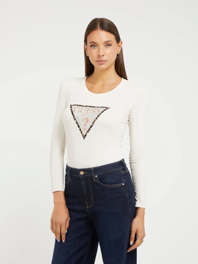 Guess Ls Cn Leo Triangle Tee Γυναικεία Μπλούζα Εκρού