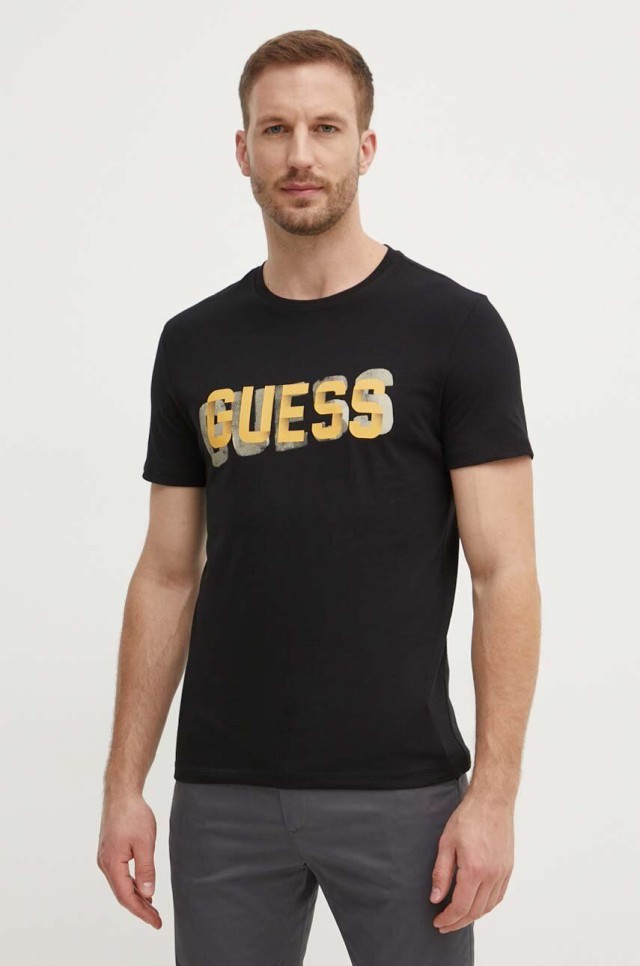 Guess Ss Cn Guess Logo Tee Ανδρική Μπλούζα Μαύρη