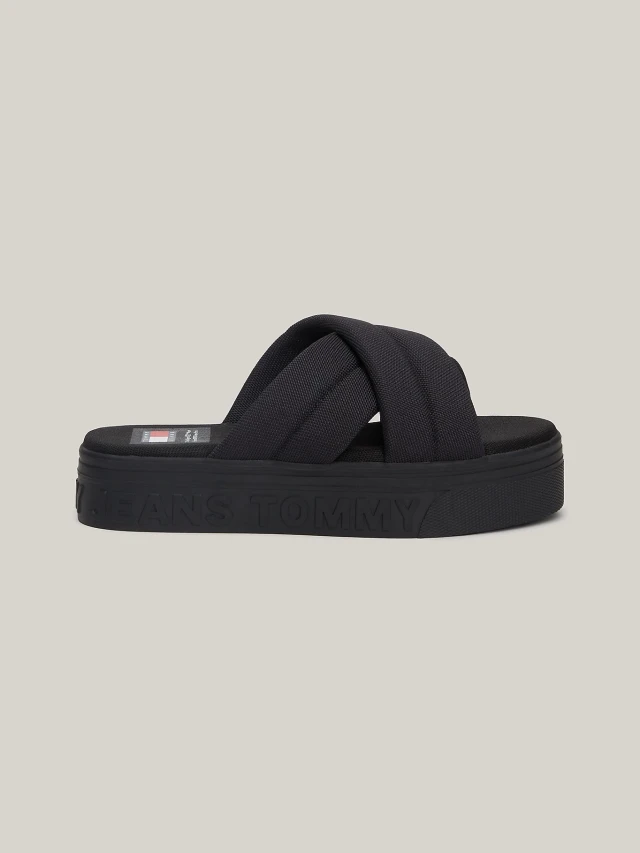 Tommy Hilfiger Tjw Lettering Flatform Sandal Γυναικεία Σανδάλια Μαύρα