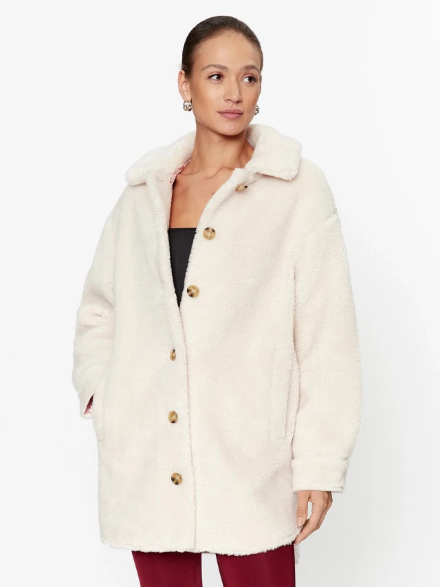 Guess Banksy Faux Sherpa Coat Γυναικεία Γουνα Εκρου