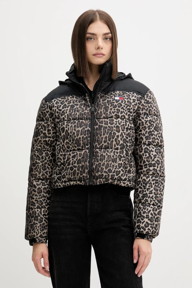 Tommy Hilfiger Tjw Cropped Leopard Puffer Γυναικείο Μπουφάν Λεοπάρ