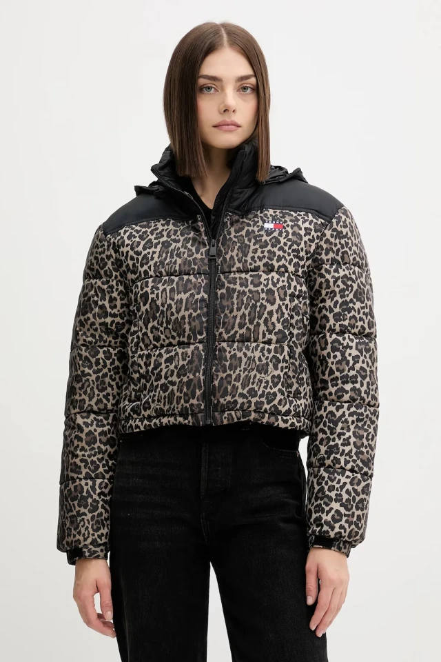 Tommy Hilfiger Tjw Cropped Leopard Puffer Γυναικείο Μπουφάν Λεοπάρ