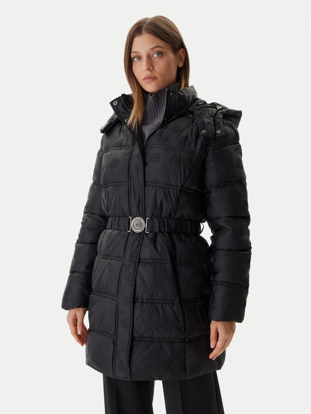 Guess Imma Logo Midi Puffer Γυναικείο Μπουφάν Μαύρο