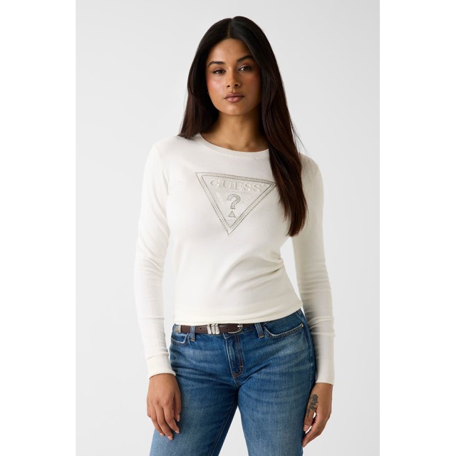 Guess Ls Cn Katie Triangle Logo Swtr Γυναικείο Πλεκτο Εκρού