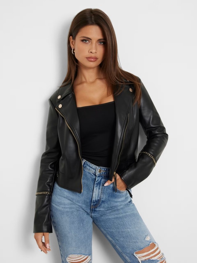 Guess Alice Chain Cropped Jacket Γυναικείο Μπουφάν Μαύρο