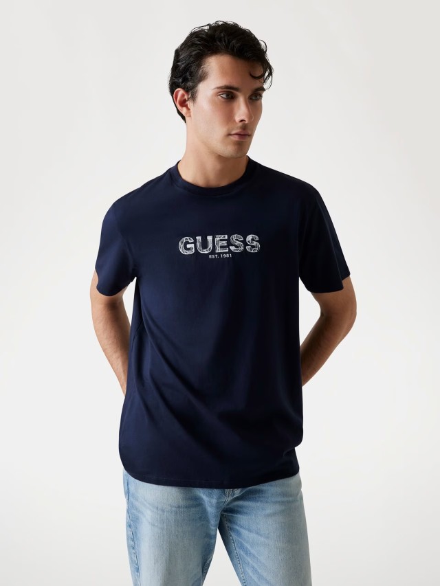 Guess Ss Cn Patch Tee Ανδρική Μπλούζα Μπλε