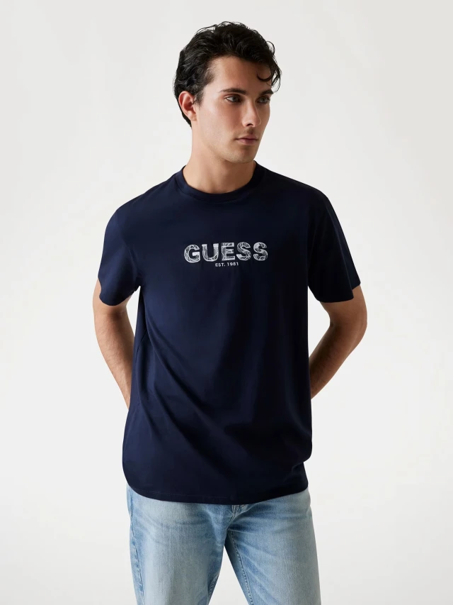 Guess Ss Cn Patch Tee Ανδρική Μπλούζα Μπλε