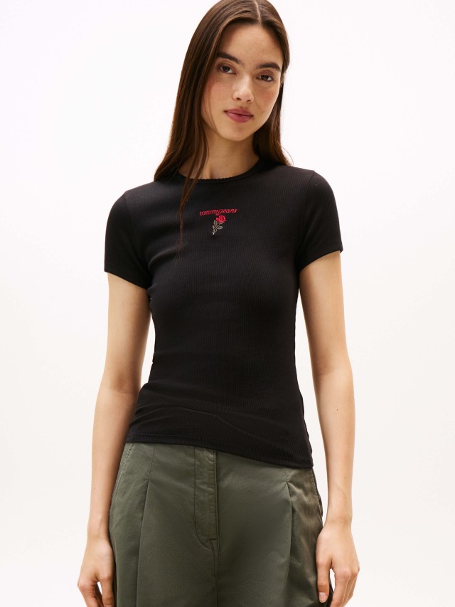 Tommy Hilfiger Tjw Slim Tj Rose Rib Tee Γυναικεία Μπλούζα Ριπ Μαύρη