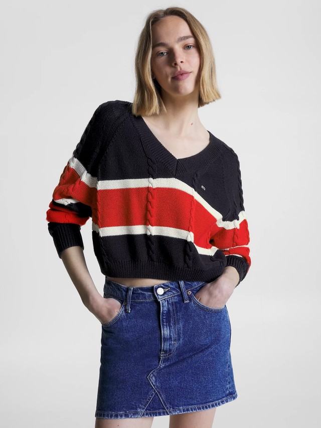 Tommy Hilfiger Tjw Crp Stripe V-Neck Sweater Γυναικείο Πλεκτό Μπλε Κόκκινο