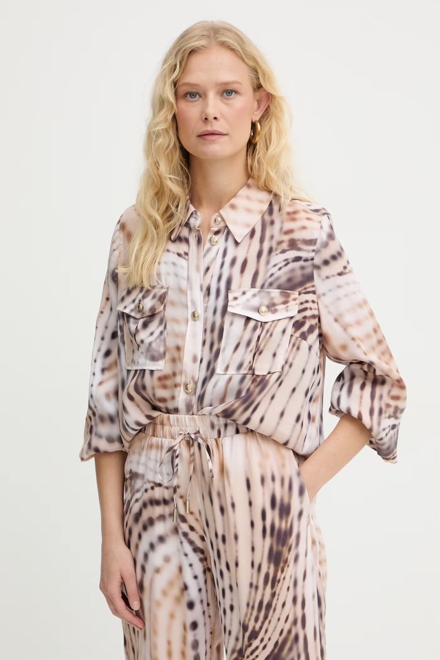 Guess Dalia Fluid Crop Shirt Γυναικείο Πουκάμισο Multi Μπεζ