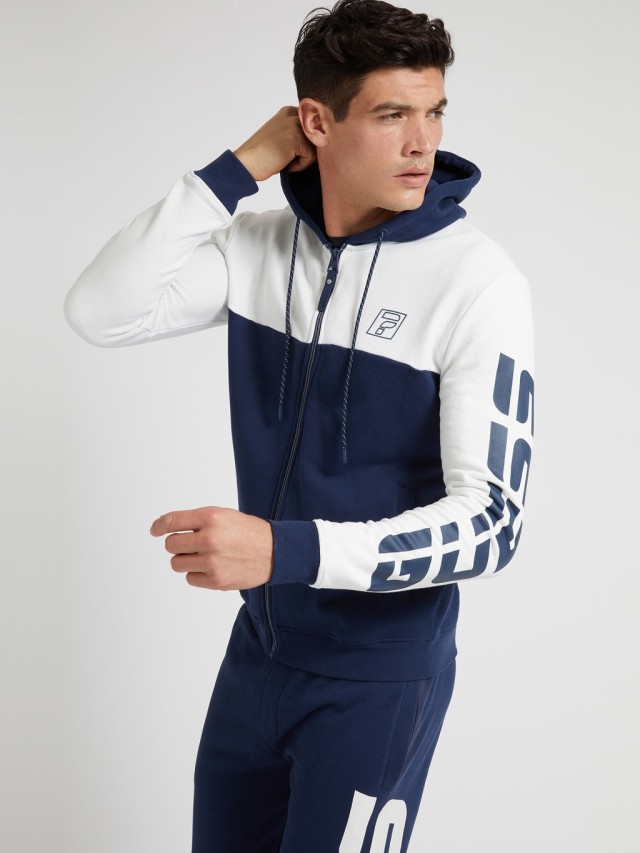 Guess Derrick Full Zip Hoodie Ανδρικη Ζακετα Φουτερ Λευκο-Μπλε