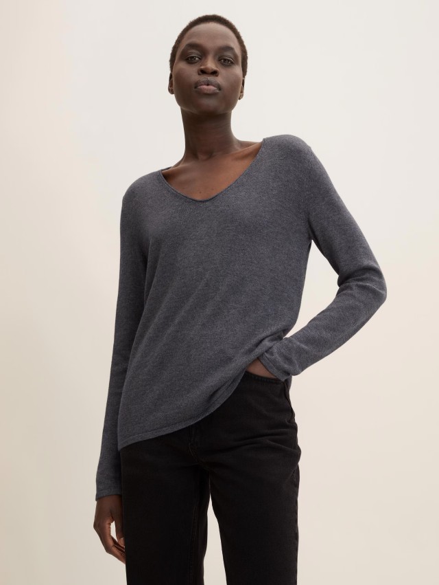 Tom Tailor Sweater Basic V-Neck Γυναικείο Πλεκτό Ανθρακί