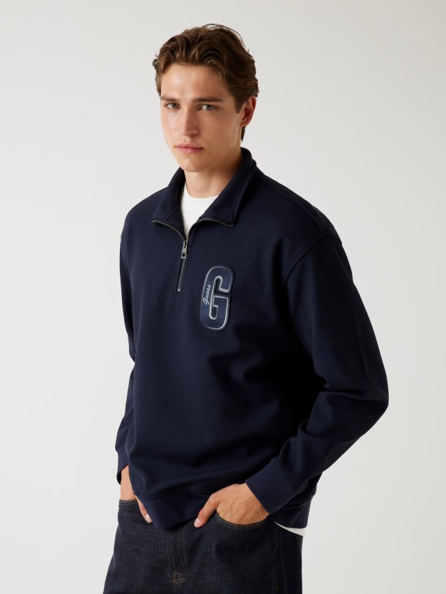 Guess Harris Twill Zip Mock Neck Ανδρικό Φούτερ Μπλε