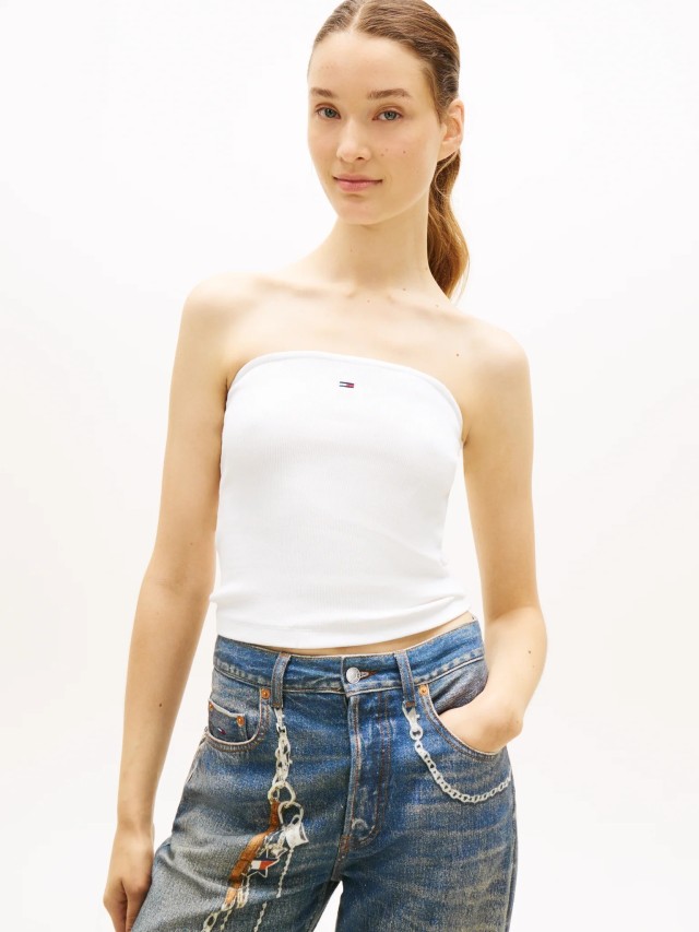 Tommy Hilfiger Tjw Slim Sh Bandeau Rib Top Γυναικεία Μπλούζα Στράπλες Ριπ Εκρού