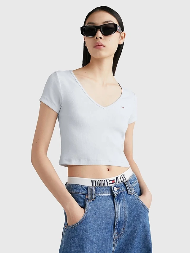 Tommy Hilfiger Tjw Bby Crp Essential Rib V Ss Γυναικεία Μπλούζα Σιέλ